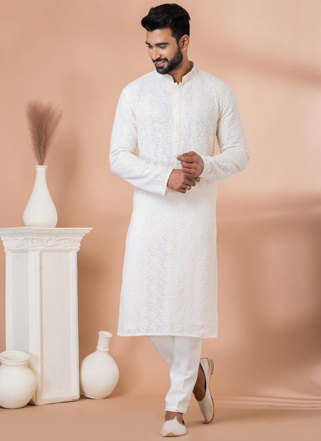 Georgette White Festival Wear Sequins Work Readymade Kurta Pajama